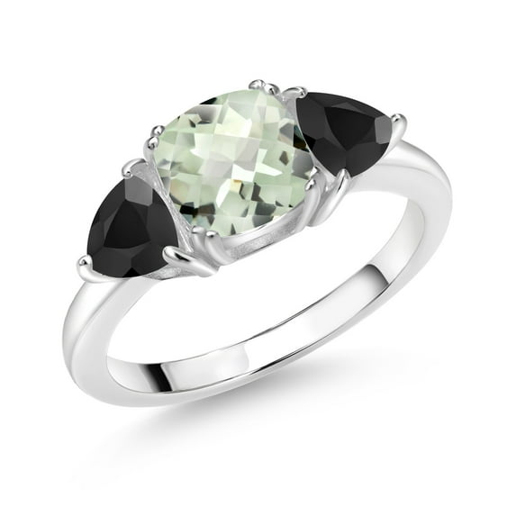 Gem Stone King 925 Sterling Silver Green Prasiolite and Black Onyx 3 Stone Engagement Ring for Women (2.12 Cttw, Gemstone Birthstone, Available in Size 5, 6, 7, 8, 9)