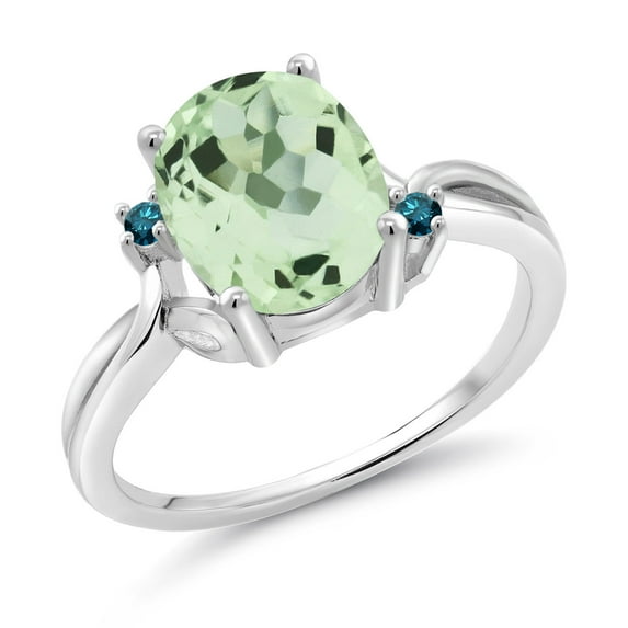 Gem Stone King 925 Sterling Silver Green Prasiolite and Blue Diamond 3 Stone Ring for Women (2.43 Cttw, Oval 10X8MM, Gemstone Birthstone, Size 6)