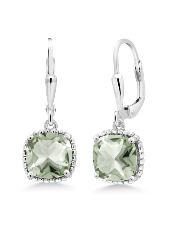 925 Sterling Silver Green Prasiolite Dangling Earrings for Women (4.10 Cttw, Gemstone Birthstone, Cushion 8MM)