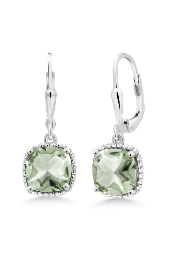 925 Sterling Silver Green Prasiolite Dangling Earrings for Women (4.10 Cttw, Gemstone Birthstone, Cushion 8MM)