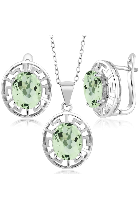 925 Sterling Silver Green Prasiolite Pendant and Earrings Jewelry Set for Women | 6.30 Cttw | Gemstone Birthstone | Oval 10X8MM | With 18 inch Chain