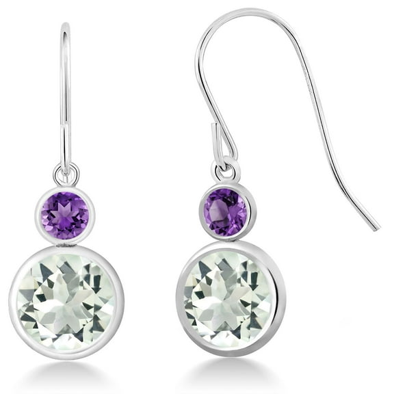Gem Stone King 925 Sterling Silver Green Prasiolite and Purple Amethyst Hook French Fish Ear Wire Dangle Earrings for Women (3.60 Cttw, Gemstone Birthstone, Round 8MM and Round 3MM)