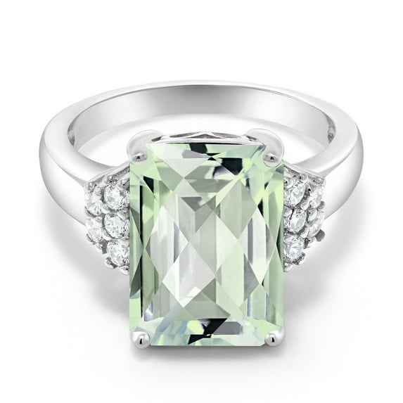 Gem Stone King 925 Sterling Silver Green Prasiolite Ring for Women (6.90 Cttw, Gemstone Birthstone, Emerald Cut Checkerboard 14X10MM, Available in Size 5, 6, 7, 8, 9)