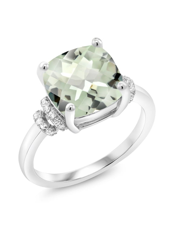 925 Sterling Silver Green Prasiolite Ring for Women (3.62 Cttw, Cushion Checkerboard Cut 10MM, Available in Size 5, 6, 7, 8, 9)