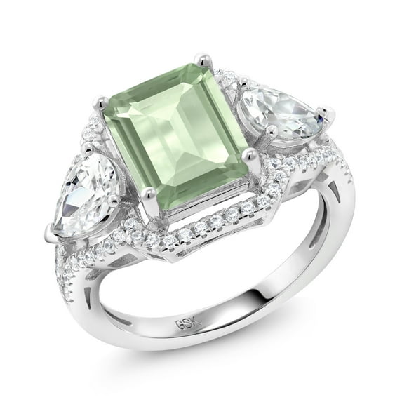 Gem Stone King 925 Sterling Silver Green Prasiolite Ring for Women (3.69 Cttw, Emerald Cut 10X8MM, Gemstone, Size 6)