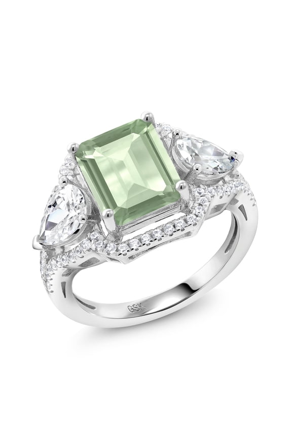 925 Sterling Silver Green Prasiolite Ring for Women (3.69 Cttw, Emerald Cut 10X8MM, Gemstone, Size 9)