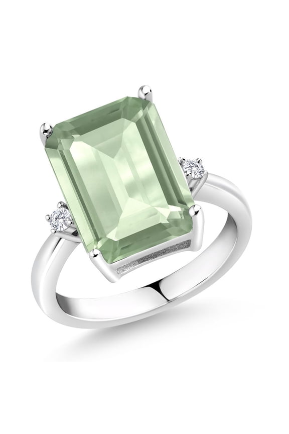 6.68 Cttw Green Prasiolite and White Lab Grown Diamond 3-Stone Ring for Women | 925 Sterling Silver | Emerald Cut 14x10MM | Wedding Engagement Anniversary Promise Ring | Size 9