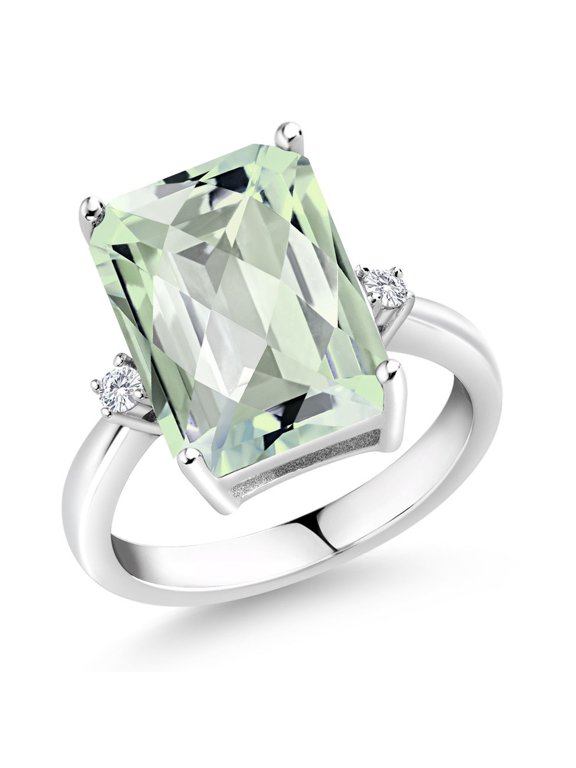 6.68 Cttw Green Prasiolite and White Lab Grown Diamond Ring for Women | 925 Sterling Silver | Emerald Cut 14X10MM | Wedding Engagement Anniversary Promise Ring for Women