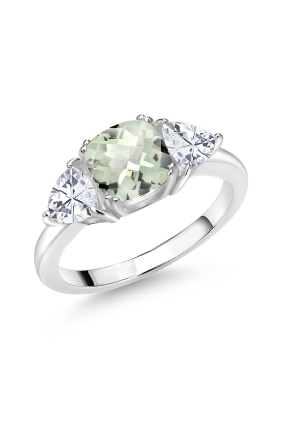 925 Sterling Silver Green Prasiolite and White Moissanite 3 Stone Engagement Ring for Women (2.34 Cttw, Gemstone Birthstone, Available in Size 5, 6, 7, 8, 9)