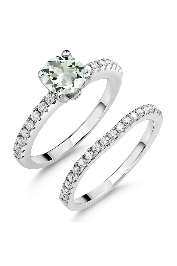 925 Sterling Silver Green Prasiolite and White Moissanite Wedding Engagement Band Bridal Set Ring for Women (1.29 Cttw, Gemstone, Available in Size 5, 6, 7, 8, 9)