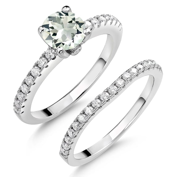 Gem Stone King 925 Sterling Silver Green Prasiolite and White Moissanite Wedding Engagement Band Bridal Set Ring for Women (1.29 Cttw, Gemstone, Available in Size 5, 6, 7, 8, 9)