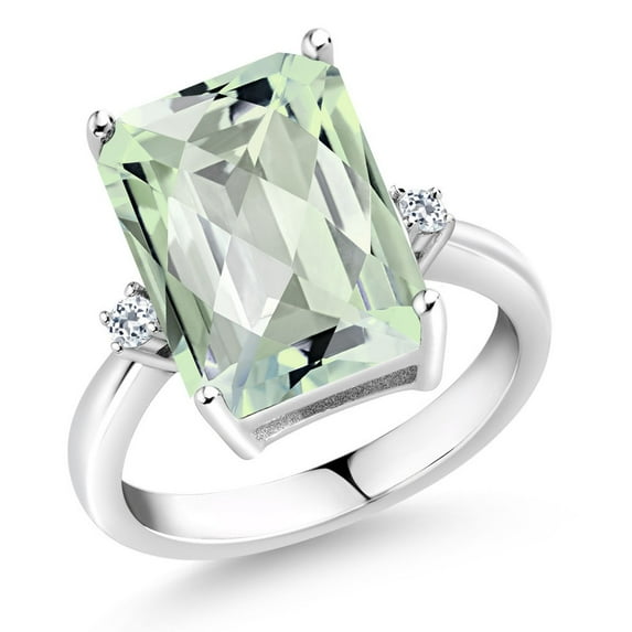 Gem Stone King 925 Sterling Silver Green Prasiolite and White Topaz Ring for Women (6.68 Cttw, Emerald Cut Checkerboard 14x10MM, Gemstone Birthstone, Size 6)
