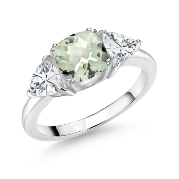 Gem Stone King 925 Sterling Silver Green Prasiolite and White Zirconia 3 Stone Engagement Ring for Women (2.94 Cttw, Gemstone Birthstone, Available in Size 5, 6, 7, 8, 9)