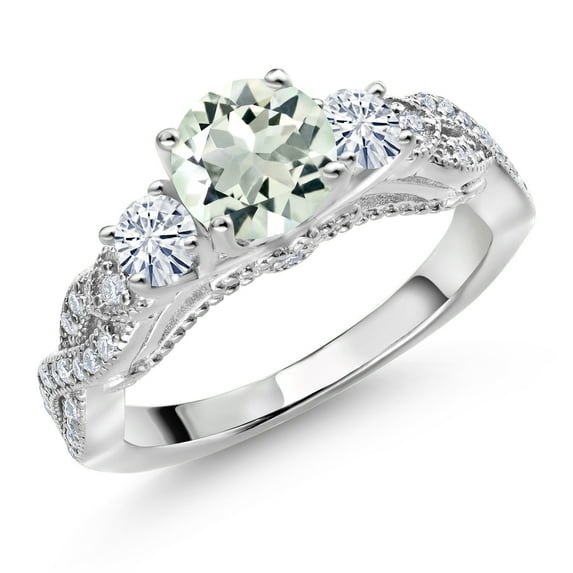 Gem Stone King 925 Sterling Silver Green Prasiolite and White Moissanite Engagement Ring for Women (1.27 Cttw, Gemstone, Round 6MM and 3MM, Size 9)
