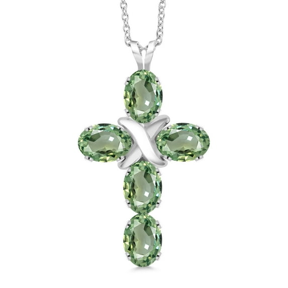 Gem Stone King 925 Sterling Silver Green Sapphire Cross Pendant Necklace for Women (2.75 Cttw, Gemstone September Birthstone, Oval 6X4MM, With 18 inch Silver Chain)