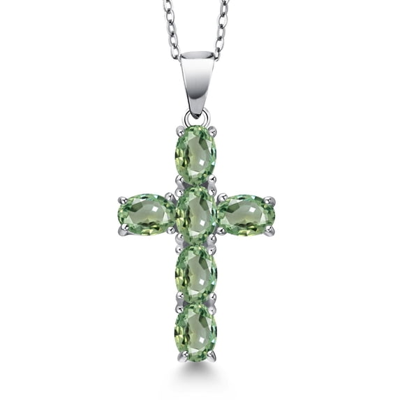 Gem Stone King 925 Sterling Silver Green Sapphire Cross Pendant Necklace for Women | 3.30 Cttw | Gemstone September Birthstone | Oval 6X4MM | With 18 inch Chain