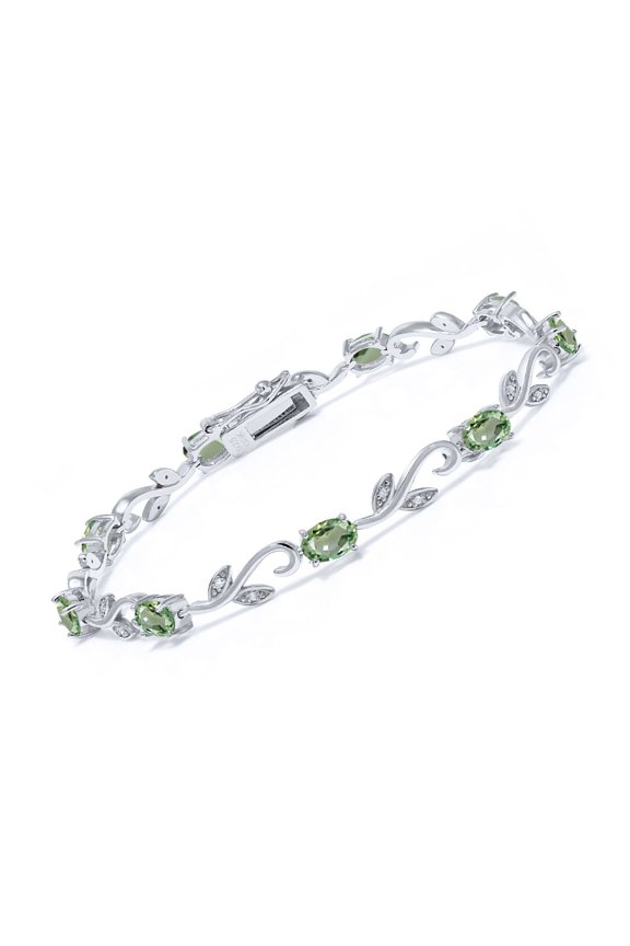 925 Sterling Silver Green Sapphire and Diamond Greek Vine Tennis Bracelet for Women | 5.08 Cttw | Gemstone Birthstone | Oval 6X4MM | 7 inch