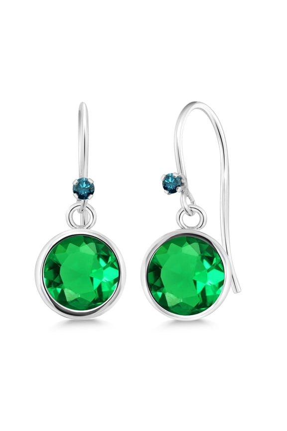 925 Sterling Silver Green Simulated Emerald Blue Diamond 925 Sterling Silver Dangle Earrings for Women (1.56 cttw, Round 6MM)
