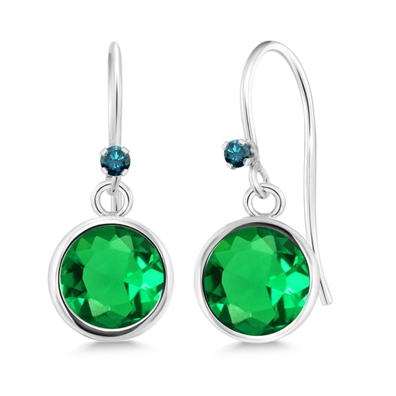 Gem Stone King 925 Sterling Silver Green Simulated Emerald Blue Diamond 925 Sterling Silver Dangle Earrings for Women (1.56 cttw, Round 6MM)