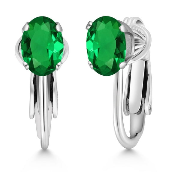 Gem Stone King 925 Sterling Silver Green Simulated Emerald Clip-On Earrings for Women (1.20 Ct Oval 7X5MM)