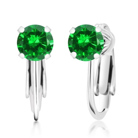 Gem Stone King 925 Sterling Silver Green Simulated Emerald Clip On Earrings for Women (2.00 Cttw, Round 6MM)