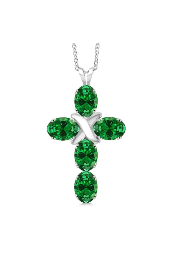 925 Sterling Silver Green Simulated Emerald Cross Pendant Necklace for Women (3.40 Cttw, Gemstone, Oval 6X4MM, With 18 inch Silver Chain)