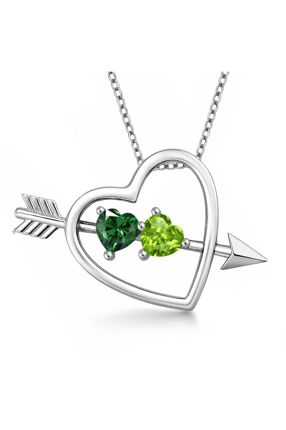 925 Sterling Silver Green Simulated Emerald and Green Peridot Heart and Arrow Pendant Necklace for Women (0.85 Cttw, with 18 inch Silver Chain)
