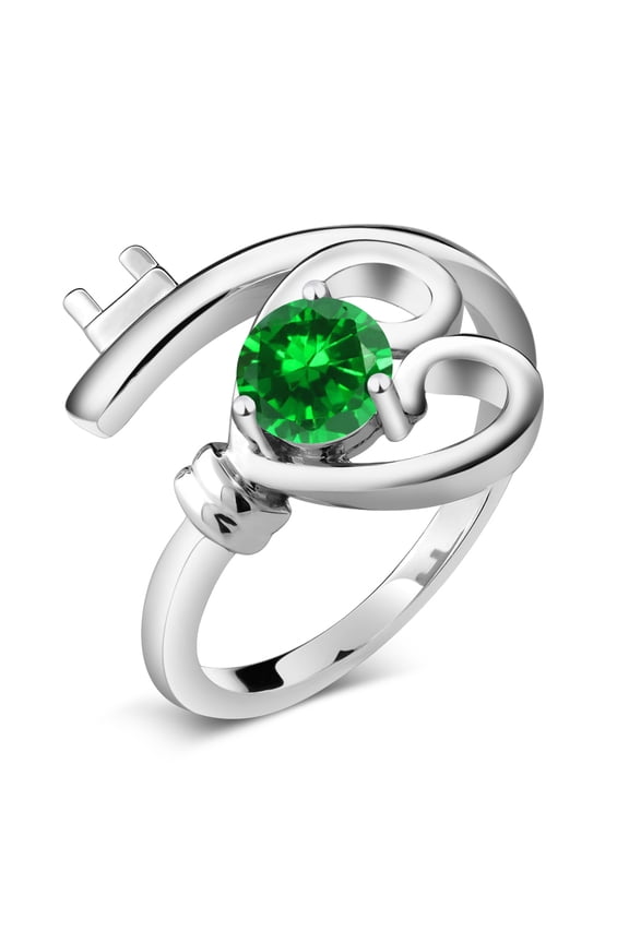 925 Sterling Silver Green Simulated Emerald Heart Key Ring for Women (0.84 Cttw, Round 5MM, Available in Size 5, 6, 7, 8, 9)