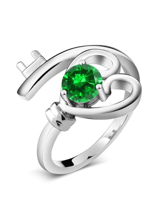 925 Sterling Silver Green Simulated Emerald Heart Key Ring for Women (0.84 Cttw, Round 5MM, Available in Size 5, 6, 7, 8, 9)