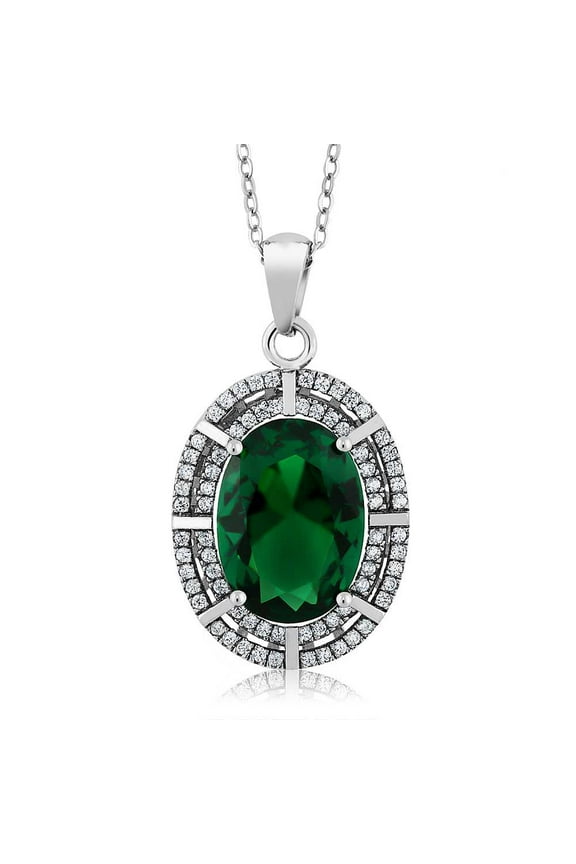 925 Sterling Silver Green Simulated Emerald Pendant Necklace for Women (6.94 Cttw, Oval 14X10MM, Gemstone Birthstone, with 18 inch Silver Chain)