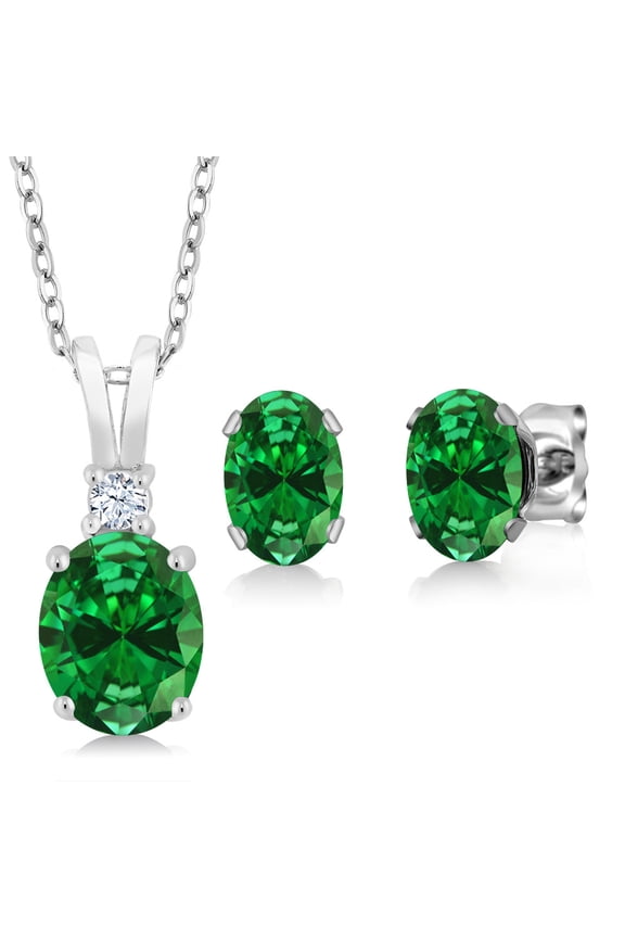 4.63 Cttw Oval Green Simulated Emerald Pendant and Earrings Jewelry Set for Women | 925 Sterling Silver | Oval 8X6MM and 7X5MM | With 18 inch Silver Chain