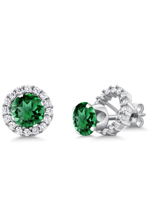 925 Sterling Silver Green Simulated Emerald Removable Jacket Stud Earrings for Women (1.54 Cttw, Round 6MM)