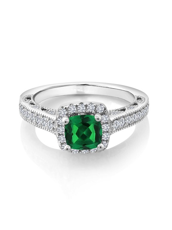 925 Sterling Silver Green Simulated Emerald and White Created Sapphire Engagement Ring for Women (1.58 Cttw, Available in Size 5, 6, 7, 8, 9)