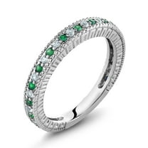 Gem Stone King Green Simulated Emerald and White Created Sapphire Ring | 925 Silver | Anniversary Wedding Band Ring for Women | 0.48 Cttw | Wedding Engagement Anniversary Promise Ring | Size 7