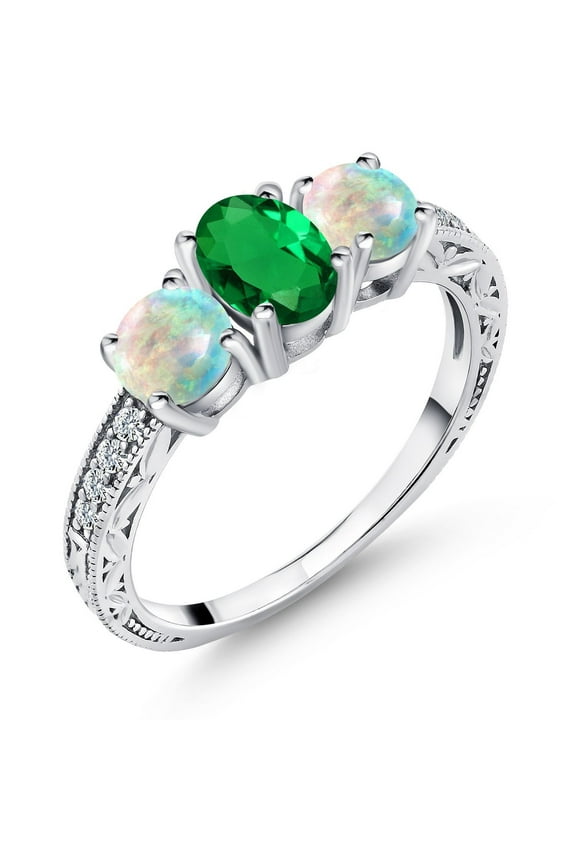1.72 Cttw Green Simulated Emerald and White Simulated Opal Ring for Women | 925 Sterling Silver | Oval 7X5MM | Gemstone Birthstone | Wedding Engagement Anniversary Promise Ring | Size 9