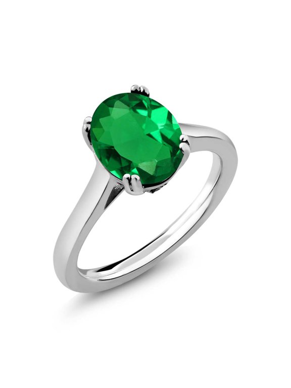 925 Sterling Silver Green Simulated Emerald and Black Diamond Women Solitaire Ring (3.66 Ct Oval Available in Size 5, 6, 7, 8, 9)