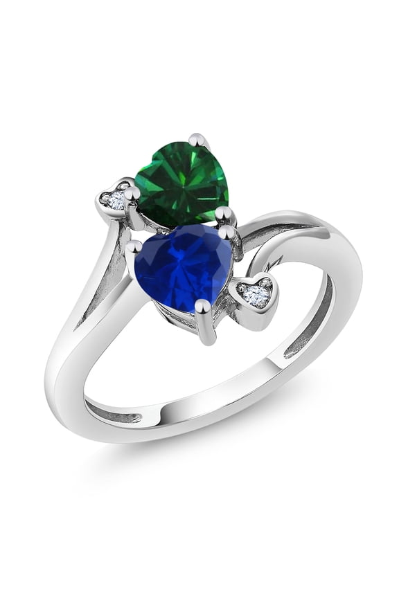 925 Sterling Silver Green Nano Emerald Blue Created Sapphire Ring for Women (1.51 Cttw, Heart Shape 6MM, Gemstone May Birthstone, Available in Size 5, 6, 7, 8, 9)
