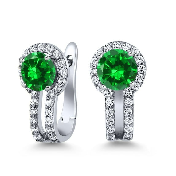 Gem Stone King 925 Sterling Silver Green Simulated Emerald and White Created Sapphire Earrings for Women (2.18 Cttw, Gemstone Birthstone, Round 5MM)