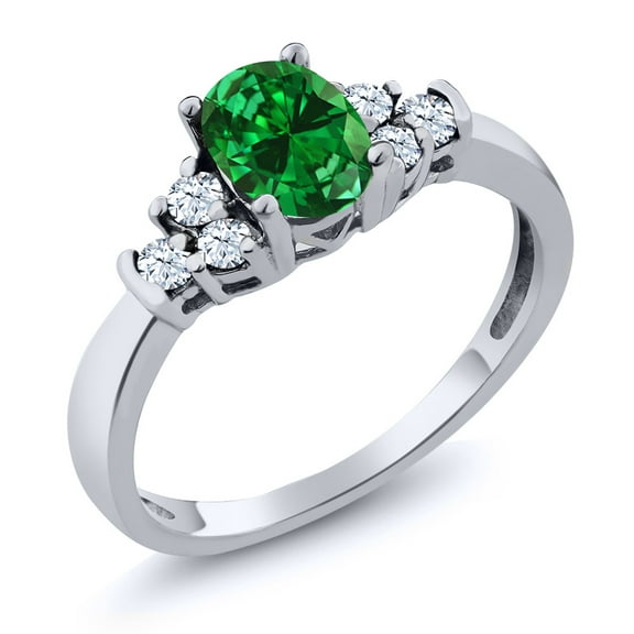 Gem Stone King 925 Sterling Silver Green Simulated Emerald and White Topaz Ring for Women (0.92 Cttw, Oval 6X4MM, Available in Size 5, 6, 7, 8, 9)