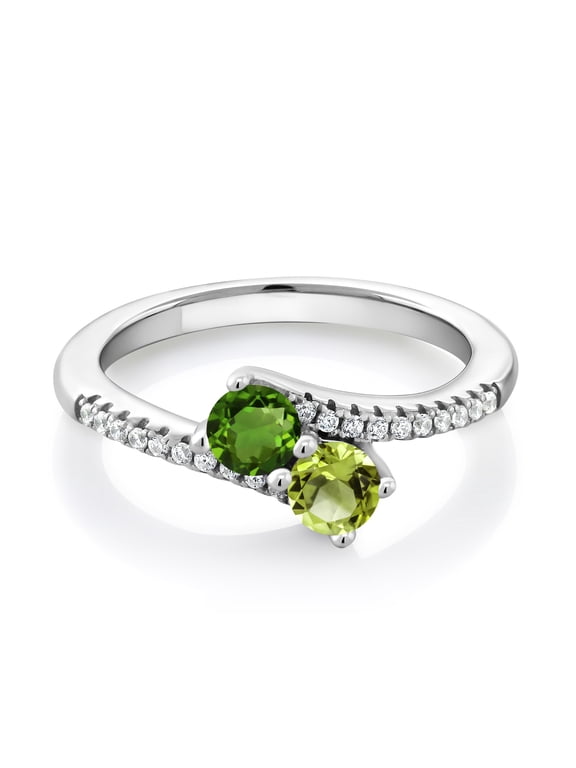 925 Sterling Silver Green Tourmaline and Green Peridot Bypass Ring for Women (0.79 Cttw, Gemstone October Birthstone, Round 4MM, Available in Size 5, 6, 7, 8, 9)