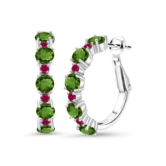 Gem Stone King 925 Sterling Silver Green Tourmaline and Red Created Ruby Hoop Earrings for Women (2.90 Cttw, Round 4MM and 1.9MM, Gemstone Birthstone 1 inch Diameter)