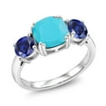 thumbnail image 1 of Gem Stone King 925 Sterling Silver Green Turquoise and Blue Created Sapphire 3 Stone Engagement Ring for Women (3.20 Cttw, Gemstone, Cushion 8MM, Size 5), 1 of 5