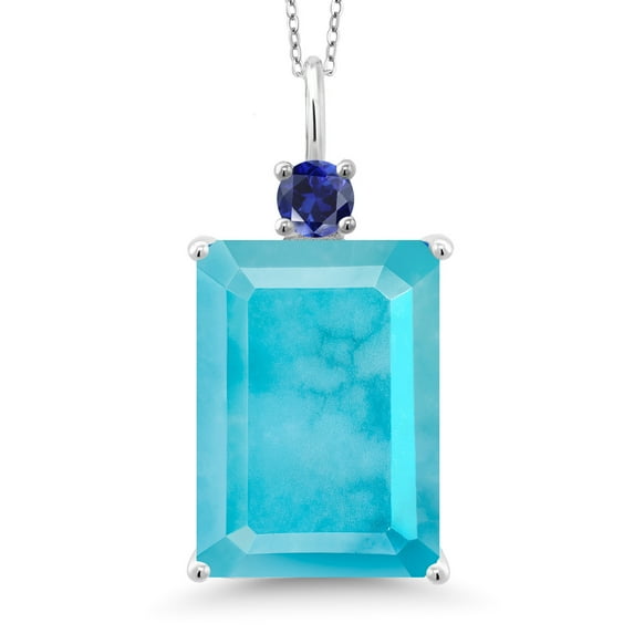 Gem Stone King 925 Sterling Silver Green Turquoise and Blue Created Sapphire Pendant Necklace for Women (11.25 Cttw, Emerald Cut 18X13MM, With 18 inch Silver Chain)
