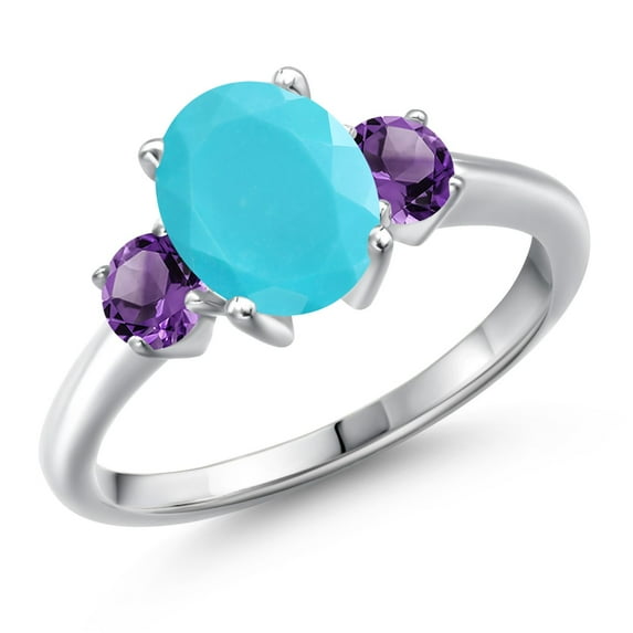 Gem Stone King 925 Sterling Silver Green Turquoise and Purple Amethyst Engagement Ring for Women | 2.00 Cttw | Oval 9X7MM | Gemstone Birthstone | Size 6