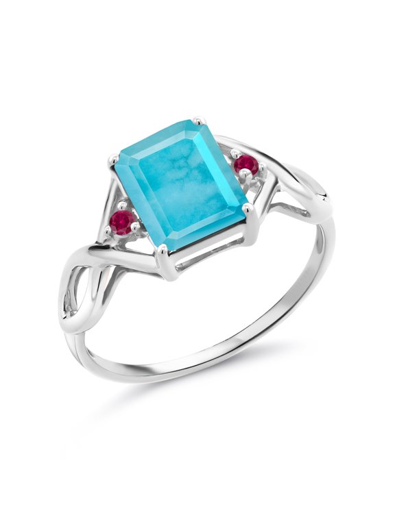 925 Sterling Silver Green Turquoise and Red Created Ruby Ring for Women (1.90 Cttw, Emerald Cut 9X7MM, Gemstone Birthstone, Size 5)