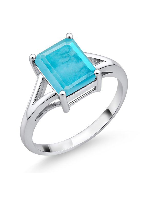925 Sterling Silver Green Turquoise Solitaire Engagement Ring for Women (1.80 Cttw, Emerald Cut 9X7MM, Gemstone Birthstone, Size 6)