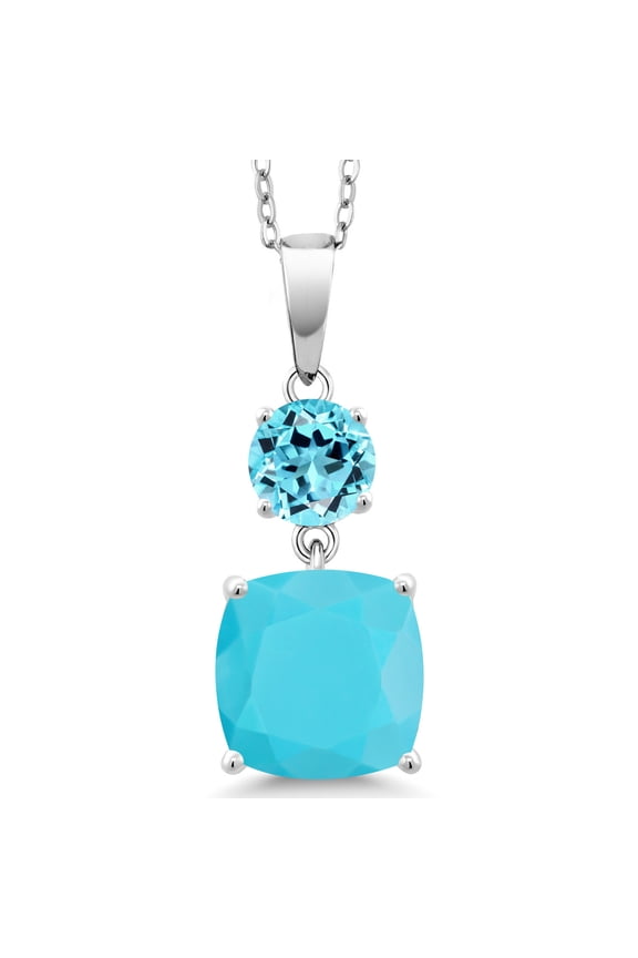 925 Sterling Silver Green Turquoise and Swiss Blue Topaz Pendant Necklace for Women (4.00 Cttw, Gemstone Birthstone, Cushion 10MM, Round 6MM)