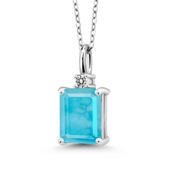 Gem Stone King 925 Sterling Silver Green Turquoise and White Diamond Pendant Necklace for Women | 1.83 Cttw | Gemstone Birthstone | Emerald Cut 9X7MM | With 18 inch Silver Chain