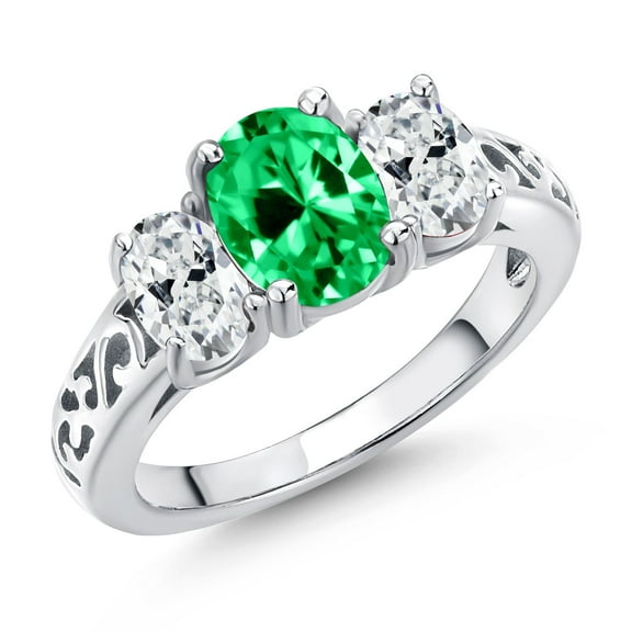 Gem Stone King 925 Sterling Silver Green Zirconia and White Zirconia Filigree Style 3 Stone Ring for Women (2.07 Cttw, Oval 8X6MM and 6X4MM) (Size 9)