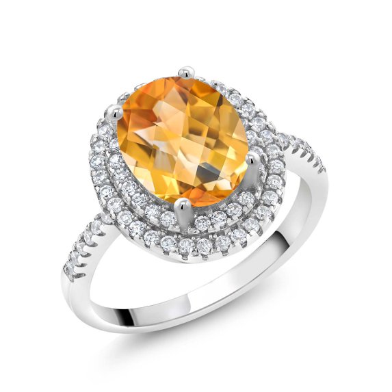 Gem Stone King 925 Sterling Silver Halo Engagement Ring Oval Checkerboard Yellow Citrine and Moissanite (2.08 Cttw) | Size 9